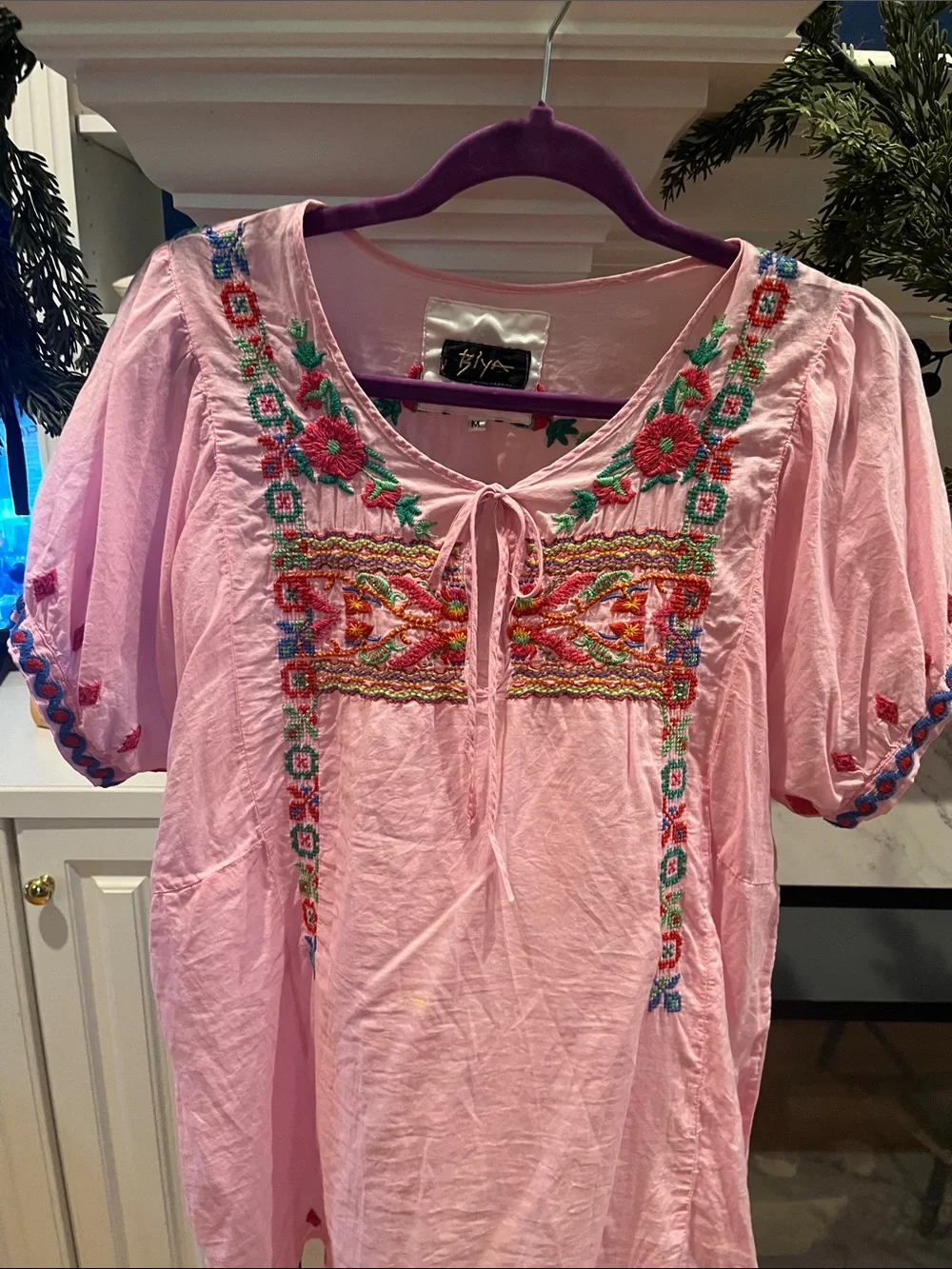 Johnny Was Pink Embroidered Boho Tie-Neck Blouse